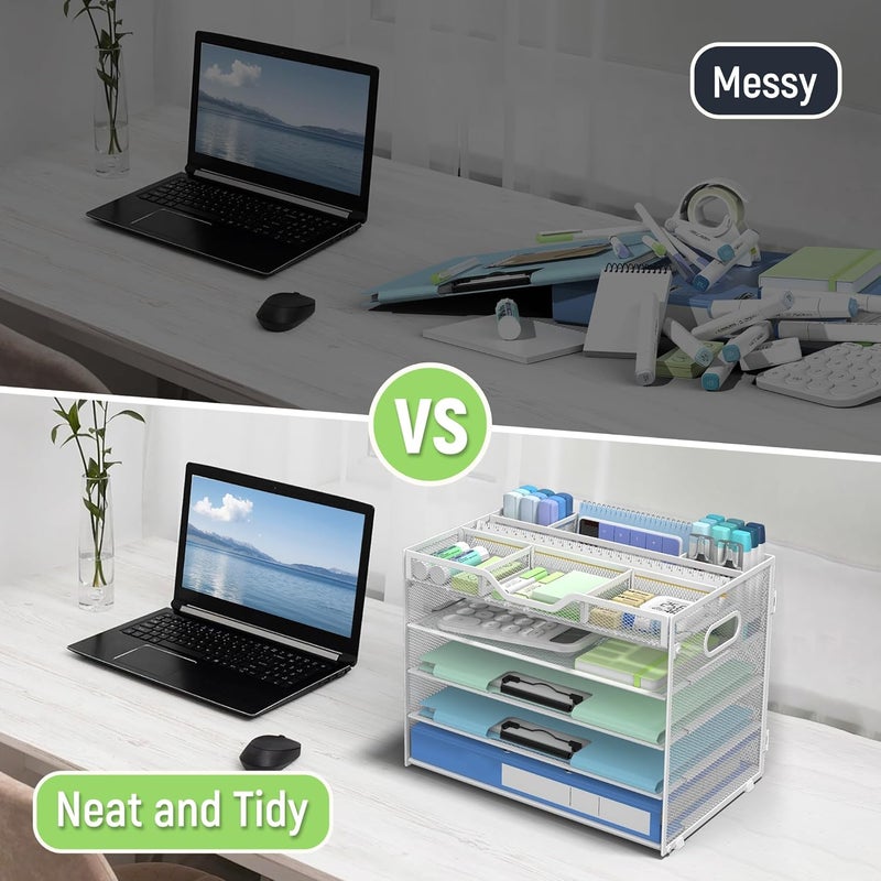 Docnest 5 Tier Mesh Desk Organizer- Letter Tray with Adjustable Compartments, Mesh Desktop Storage Built in Pen Holder and Handles, Desk Organizer Tray for Mail Documents Office Supplies–White - Image 2